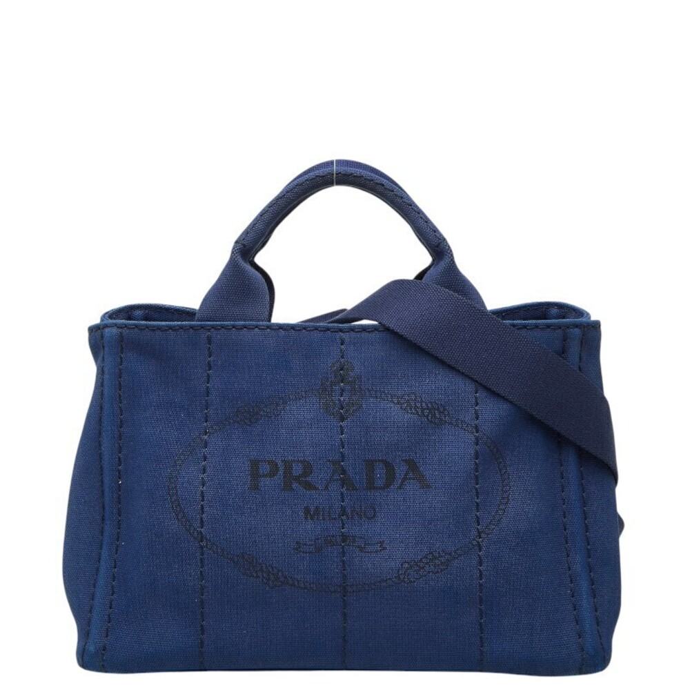 Prada Triangle Plate Canapa 2way Shoulder Bag Blue Canvas